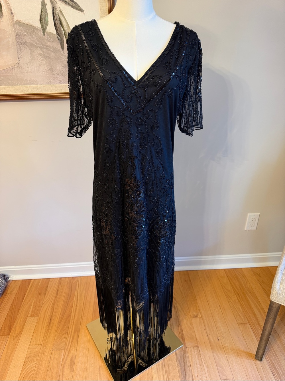 Black Beaded V-Neck Fringe Evening Dress